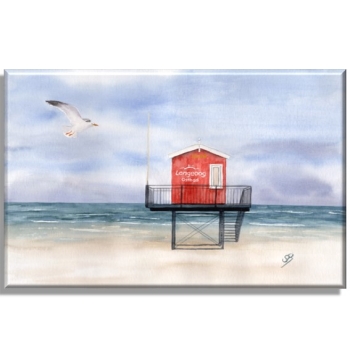 Leinwand 40 x 30 cm Keilrahmen Canvas-Leinen  Aquarell Maritim Kunst Druck Kunstdruck Nordsee Insel Langeoog Badeturm rot Strand Meer